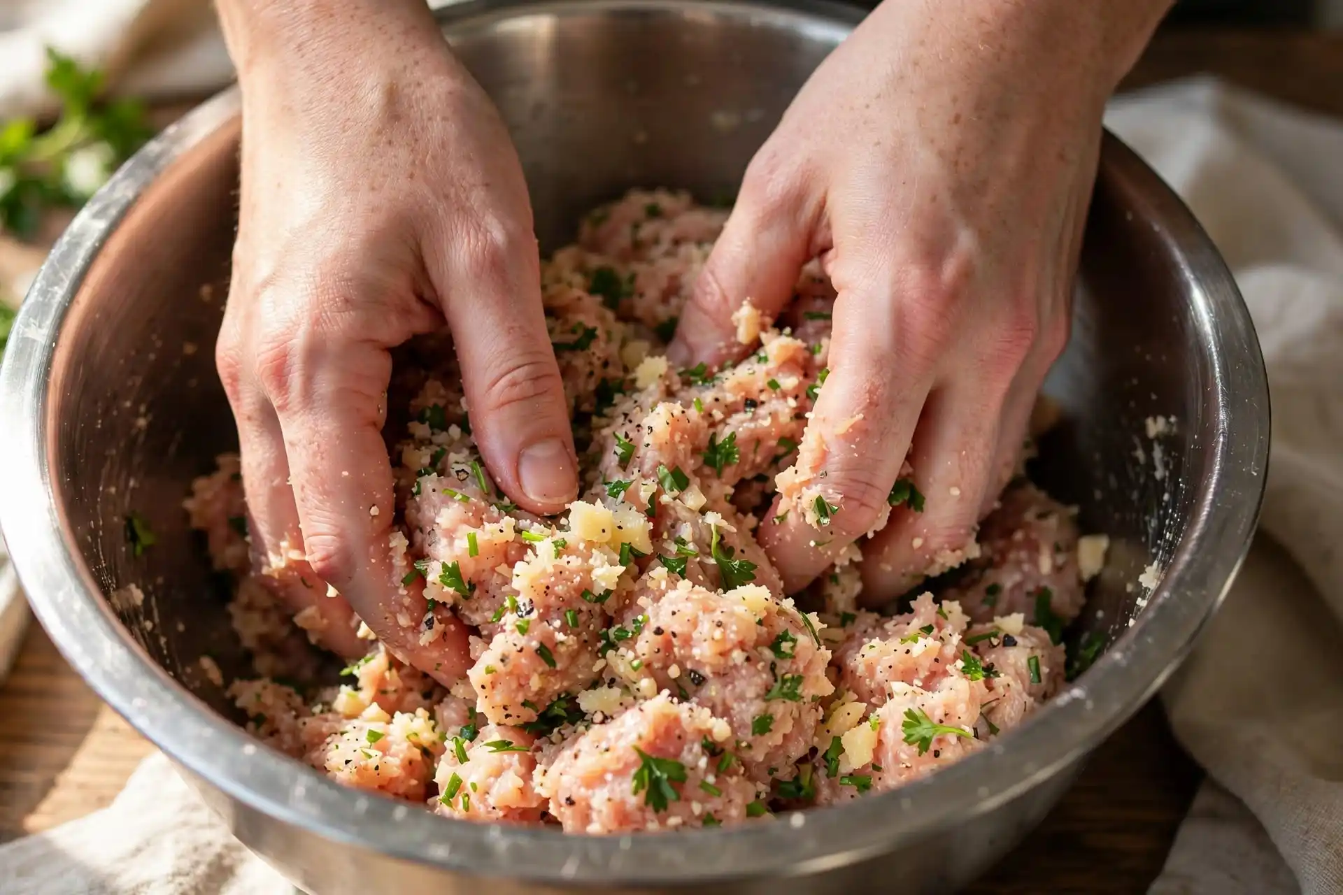 Mixing chicken meatball mixture by hand in a bowl — step in making chicken meatballs