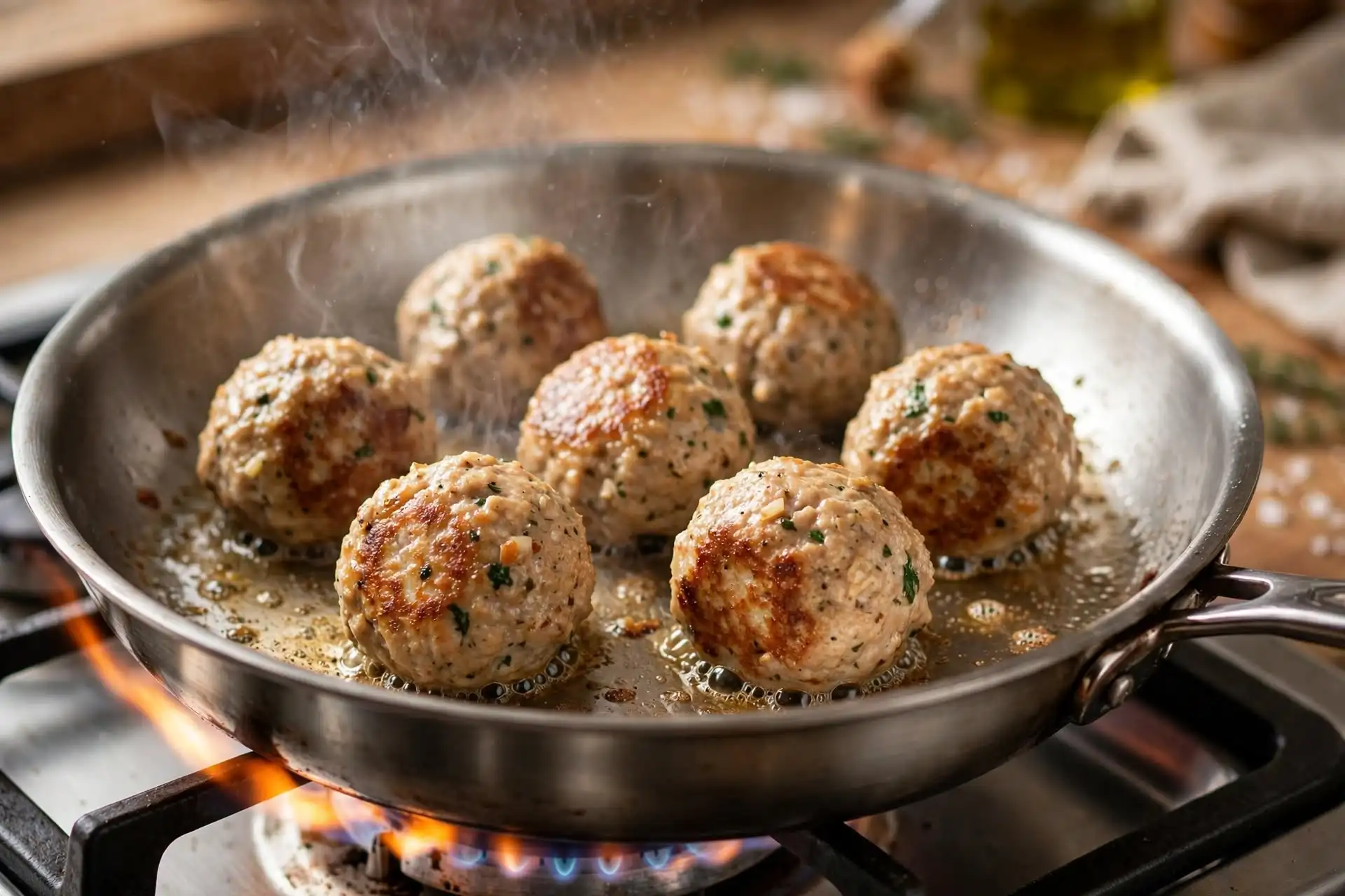 Chicken meatballs searing in a skillet with golden-brown crust forming — step in making chicken meatballs