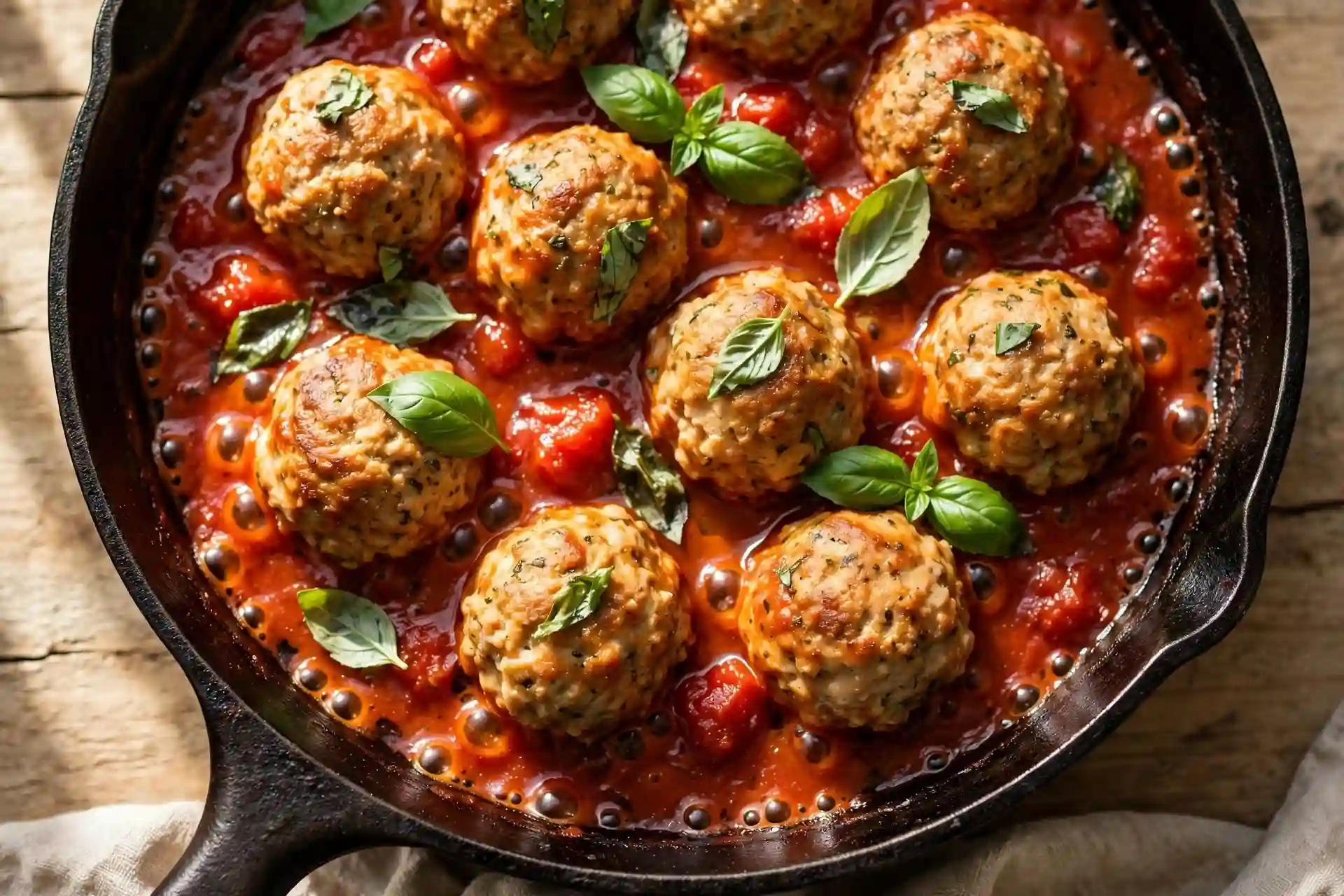 Chicken meatballs in tomato sauce simmering in a cast iron skillet, garnished with basil — final step in chicken meatballs recipe