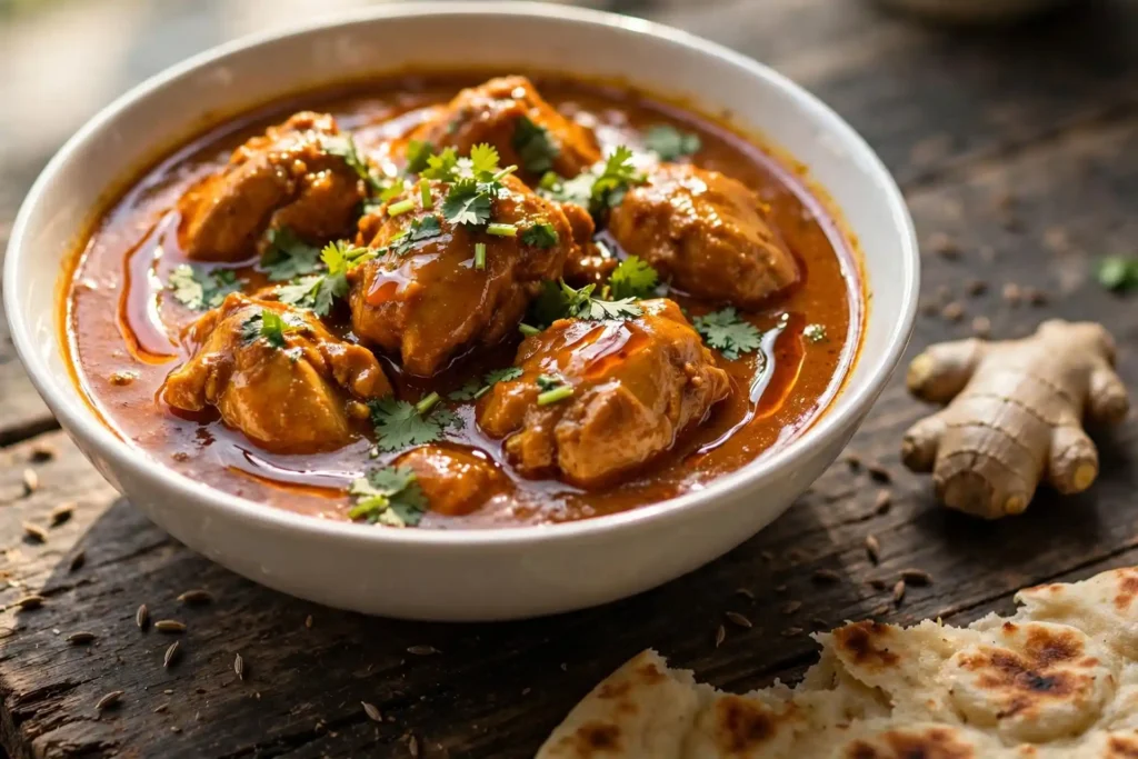 Chicken curry served in a white ceramic bowl on dark wood, garnished with fresh cilantro and whole spices — chicken curry recipe