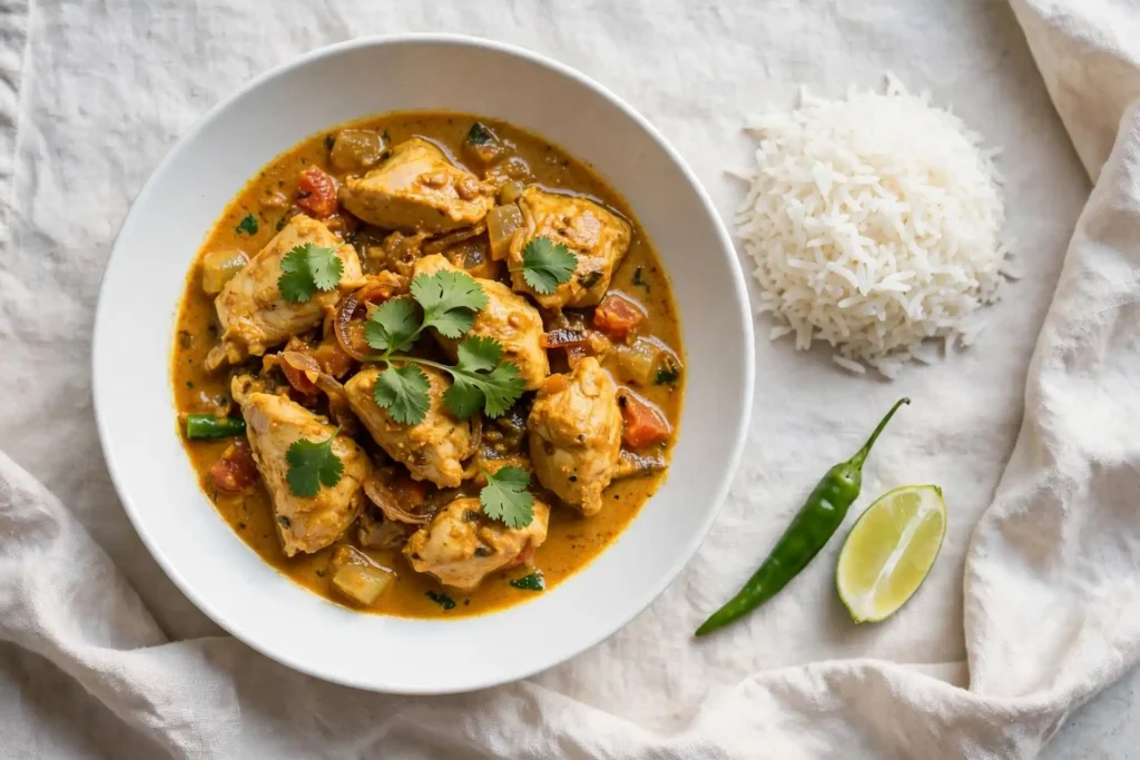 Chicken curry plated in a white bowl with basmati rice and cilantro garnish, ready to serve — chicken curry recipe