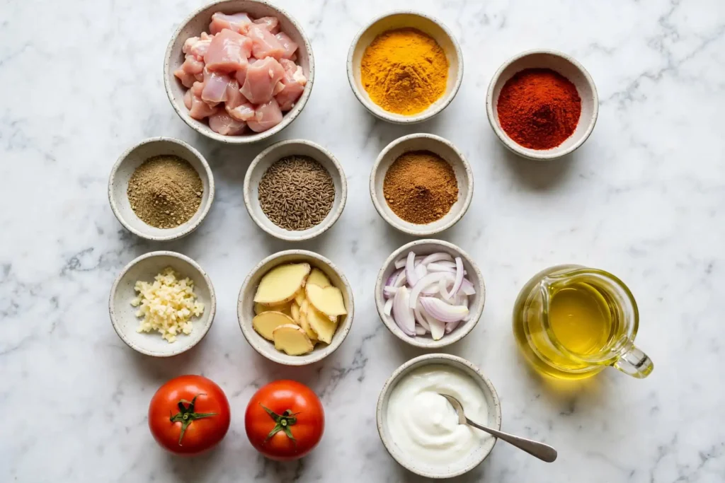 All ingredients for chicken curry laid out flat on white marble — chicken curry ingredients