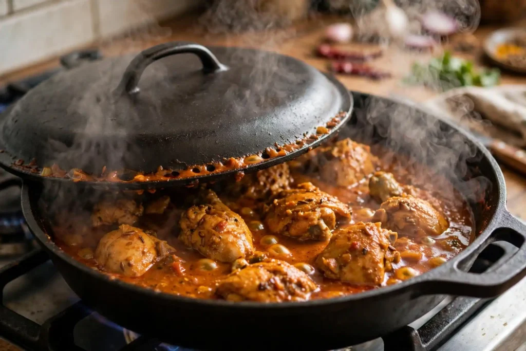 Tomato masala cooking down with spices, oil separating at edges — step in making chicken curry