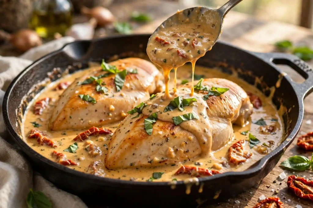 Chicken breasts finished in cream sauce with fresh basil added — final step in making marry me chicken