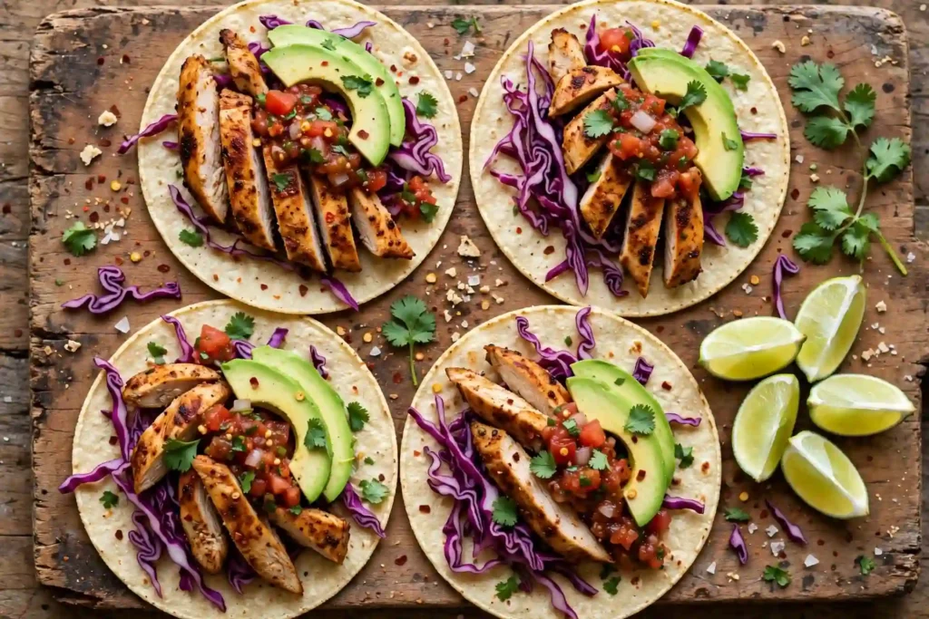 Assembled chicken tacos on wooden board with fresh toppings and lime wedges — finished chicken tacos recipe