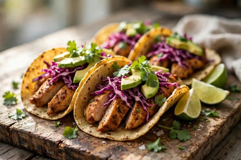 Chicken tacos on a wooden board with sliced chicken, shredded cabbage, avocado, and cilantro, lit by natural light — chicken tacos recipe