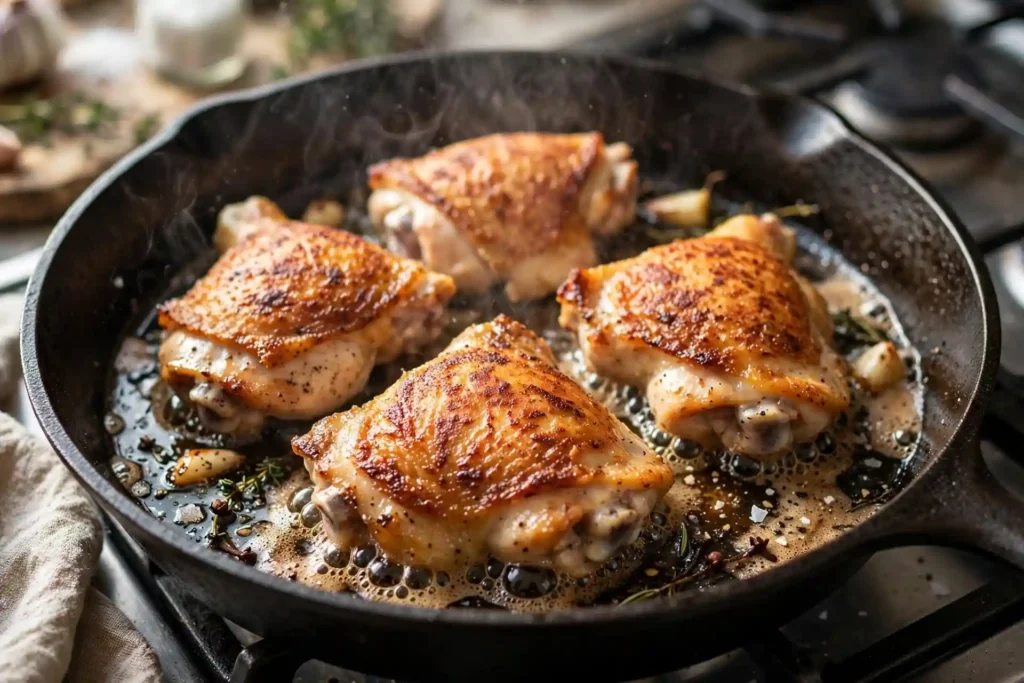 Chicken thighs searing skin-side down in a hot skillet, golden-brown color developing — step in making honey garlic chicken