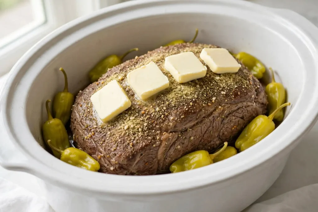 Chuck roast in slow cooker topped with dry ranch and au jus seasoning, four butter slices, and pepperoncini peppers before cooking — first step in making mississippi pot roas