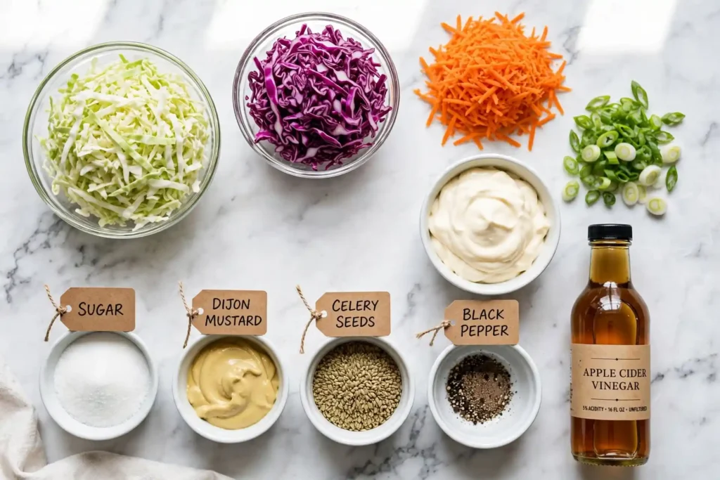 All ingredients for coleslaw recipe laid out flat on white marble — coleslaw recipe ingredients