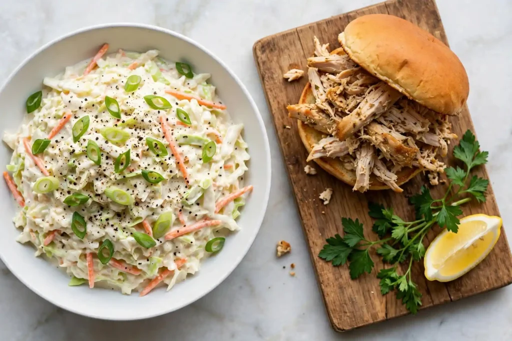 "Creamy coleslaw plated with a pulled chicken sandwich on a wooden board, ready to serve — coleslaw recipe