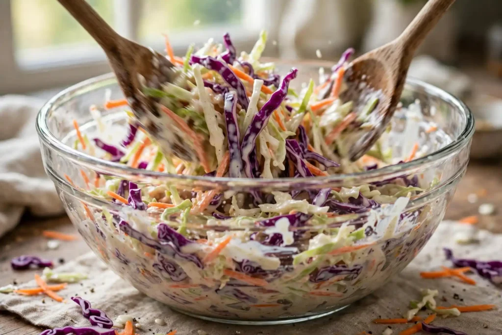 Creamy coleslaw being tossed with dressing in a glass bowl — step in making coleslaw recipe