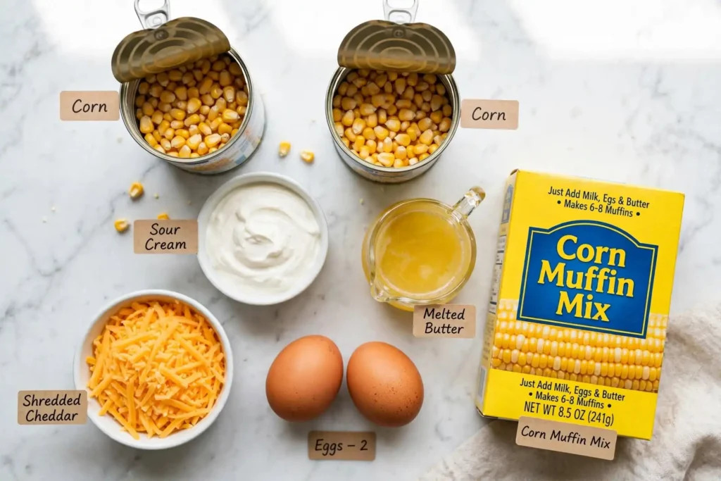 All ingredients for corn casserole laid out flat on a white marble surface — corn casserole ingredients