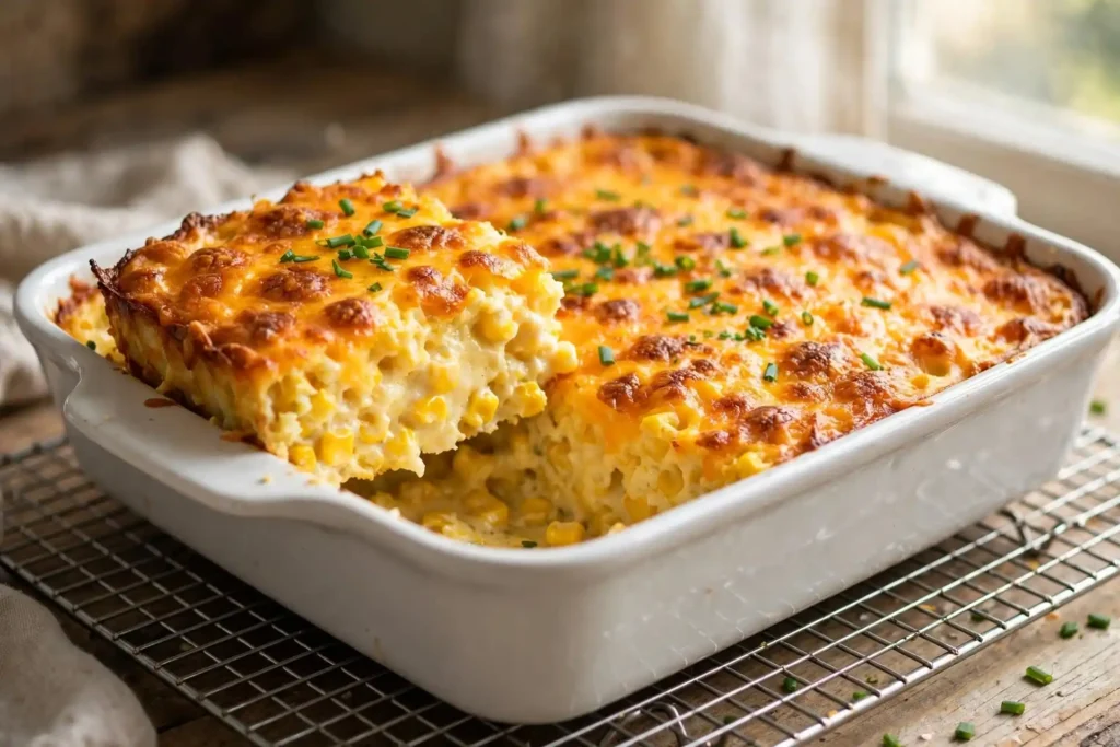 Baked corn casserole resting with one portion lifted to show creamy interior and golden cheese top — corn casserole