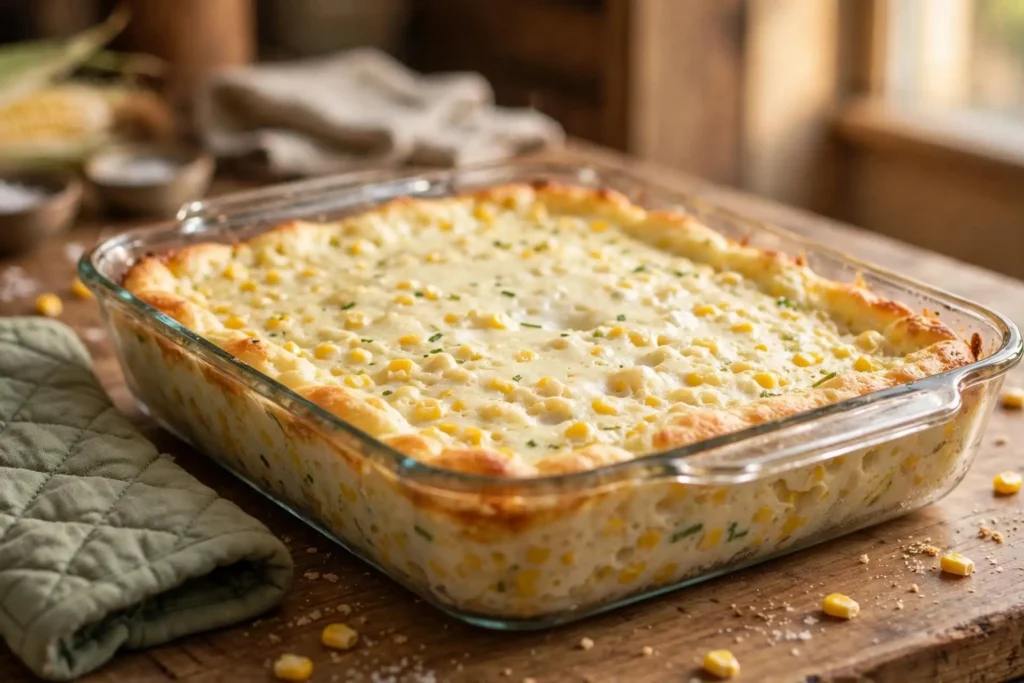 Corn casserole at the 40-minute mark in a 9x13 baking dish with golden edges — step in making corn casserole