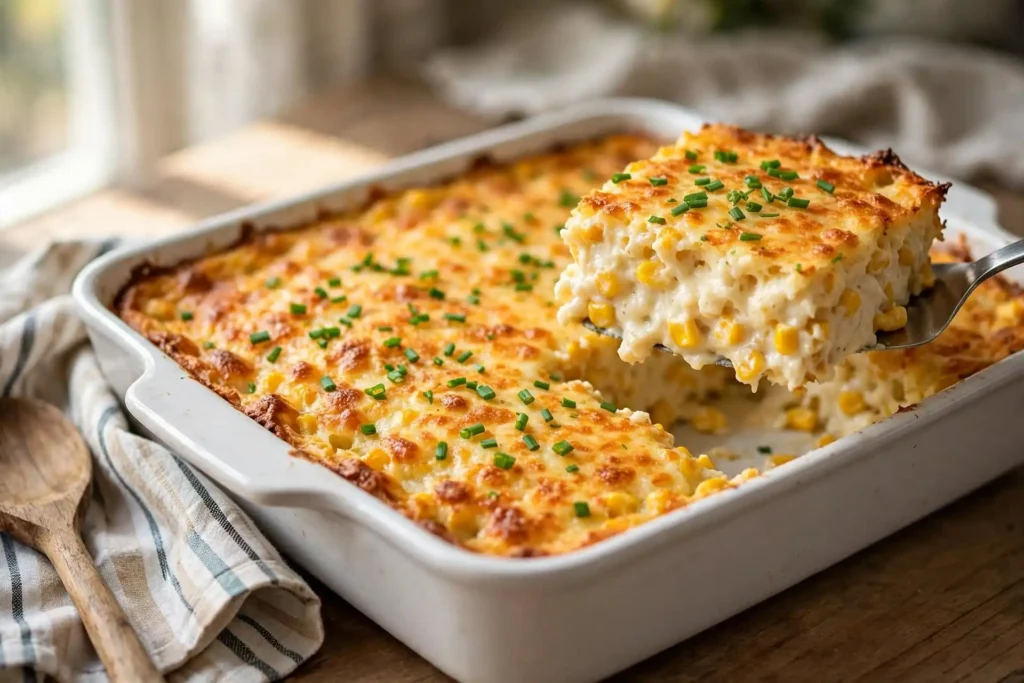 Corn casserole in a white ceramic baking dish with golden top and creamy interior visible, garnished with fresh chives — corn casserole