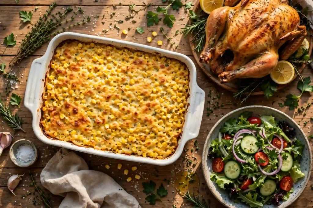 Corn casserole in a ceramic dish served alongside roasted chicken and green salad on a wooden table — corn casserole