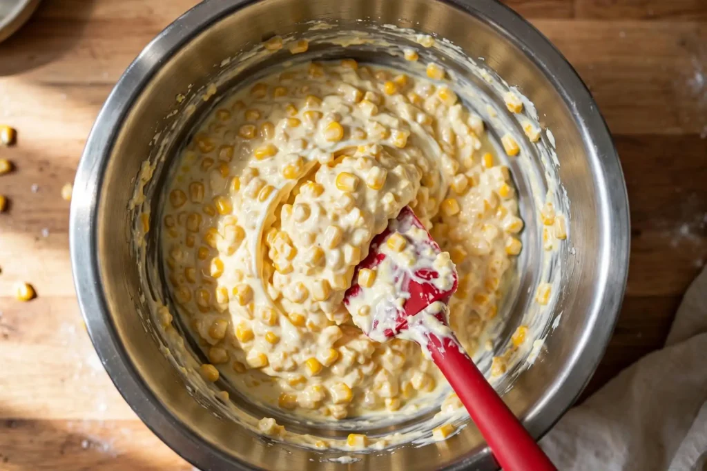 Wet ingredients for corn casserole being stirred together in a mixing bowl — step in making corn casserole