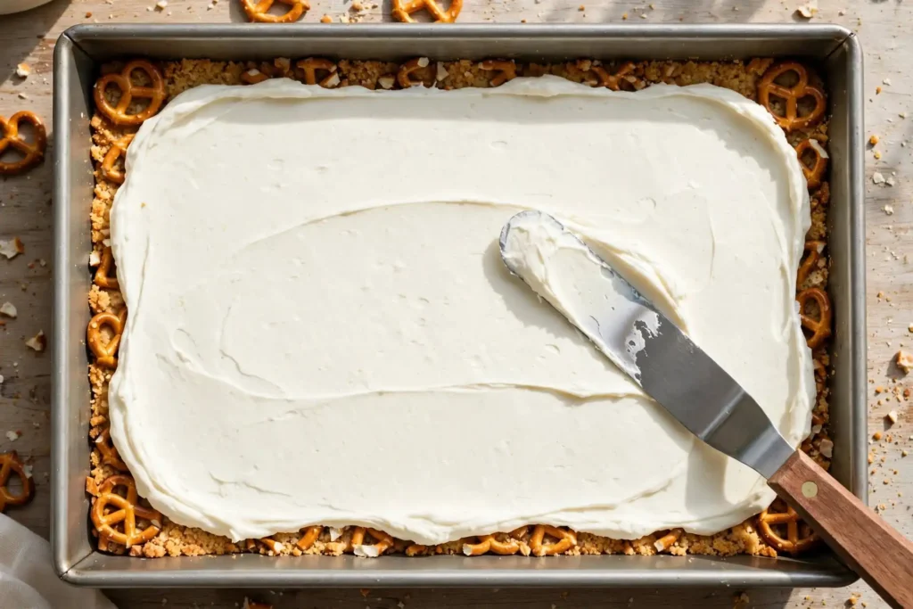 Cream cheese layer spread to all edges over pretzel crust — step in making strawberry pretzel salad