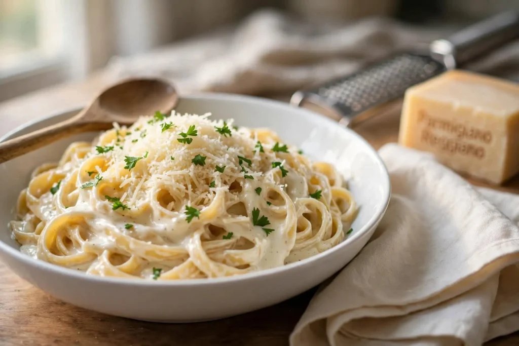 Alfredo sauce recipe served over fettuccine in a white bowl, topped with grated Parmesan and fresh parsley, natural side light — alfredo sauce recipe