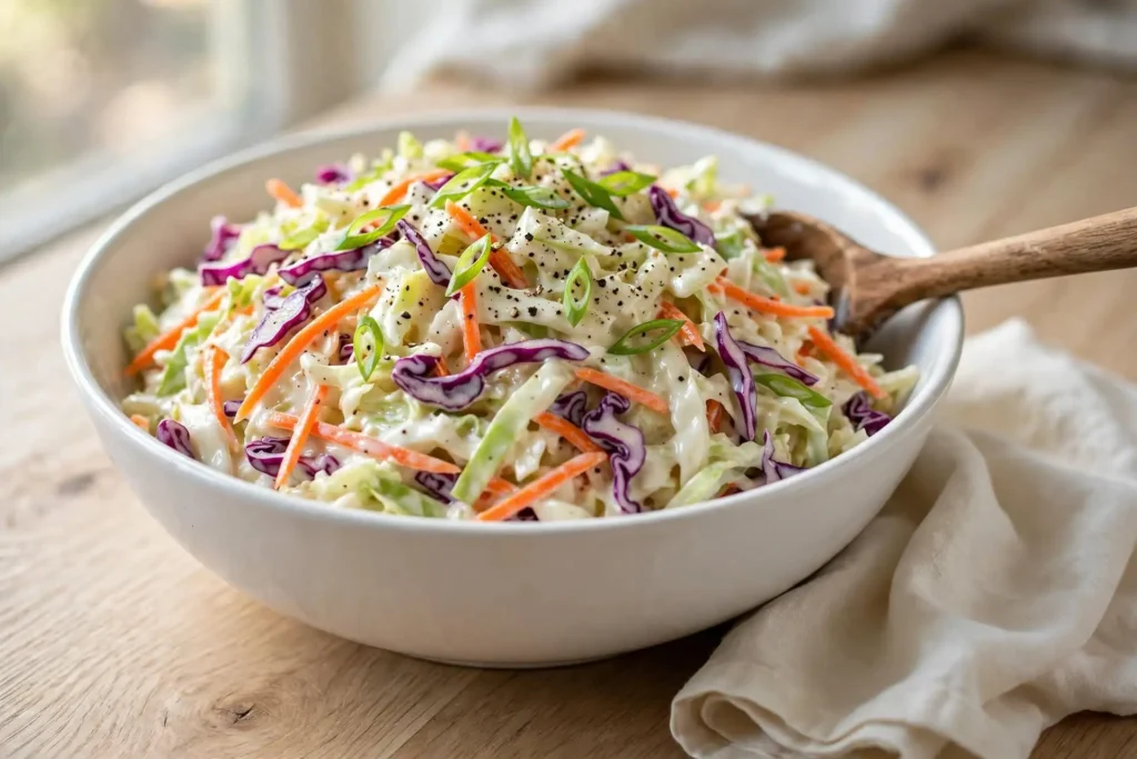 Classic creamy coleslaw recipe served in a white ceramic bowl on oak wood, garnished with green onions and black pepper — coleslaw recipe