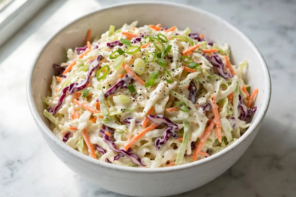 Finished creamy coleslaw after chilling in a white ceramic bowl, ready to serve — coleslaw recipe final step
