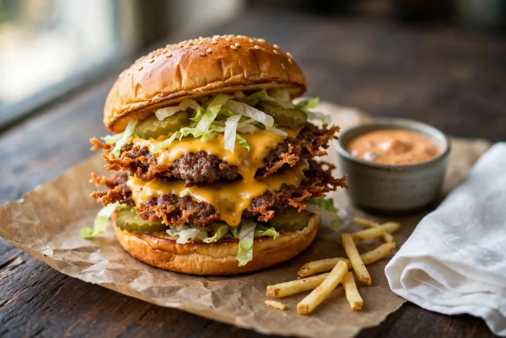 Double smash burger on a brioche bun with crispy lacy edges, melted cheese, pickles and shredded lettuce on dark wood surface — smash burger recipe