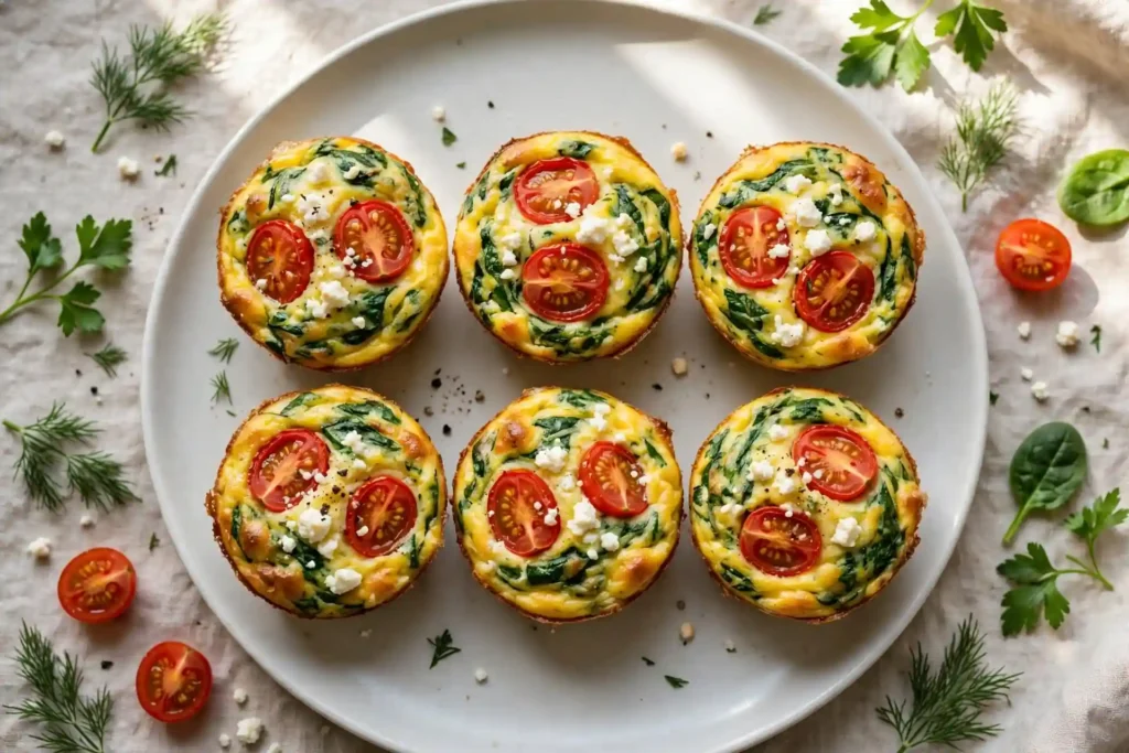 Egg and vegetable muffin cups baked golden on a white plate — quick high protein meal prep breakfast
