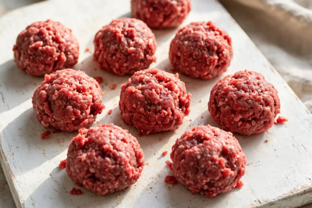 Eight loosely formed raw beef balls on a white cutting board ready for smashing — step in making smash burger recipe