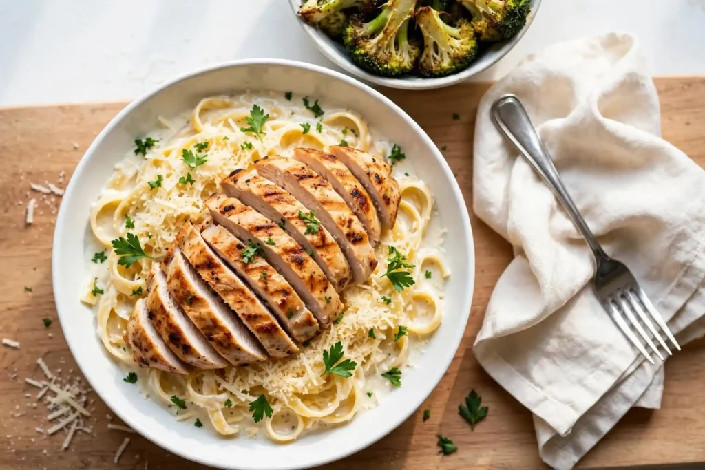 Alfredo sauce recipe plated with fettuccine and sliced grilled chicken in a white bowl, ready to serve — alfredo sauce recipe