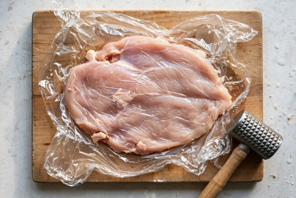 Raw chicken breast being pounded flat between plastic wrap on a wooden cutting board — step 1 in making marry me chicken