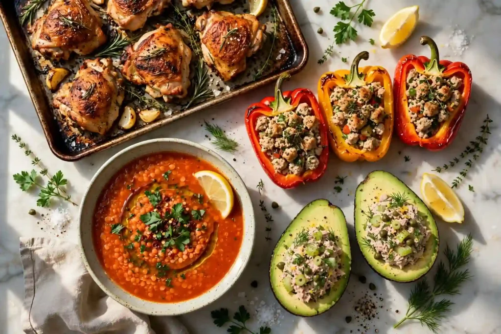 A spread of high protein meal prep dishes including chicken thighs, lentil soup, stuffed peppers, and tuna avocados — high protein meal prep for the week