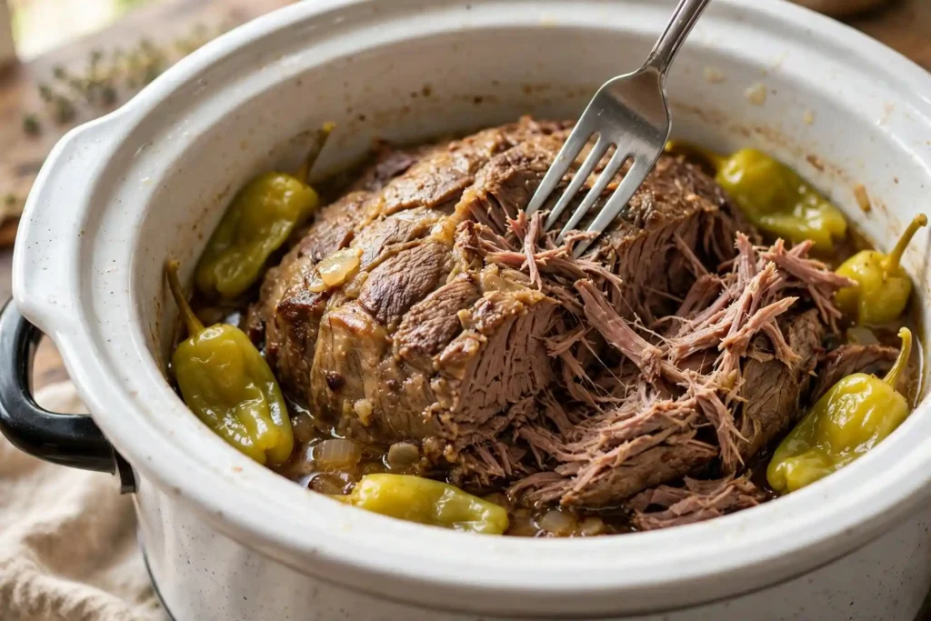 Fork pressing into tender slow cooked chuck roast in a white slow cooker showing it pulls apart easily — midpoint step in making mississippi pot roast