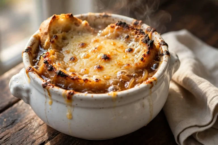 French onion soup in a white ceramic crock with bubbling Gruyère crust and toasted baguette crouton, natural window light — french onion soup recipe