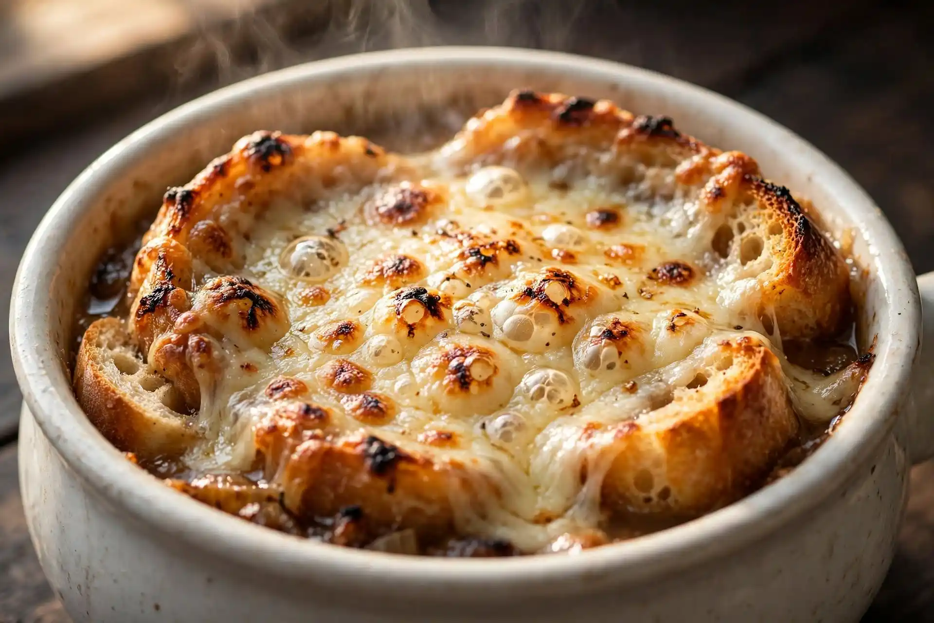 Close-up of French onion soup showing bubbling Gruyère cheese crust, golden-brown with light char marks — french onion soup recipe