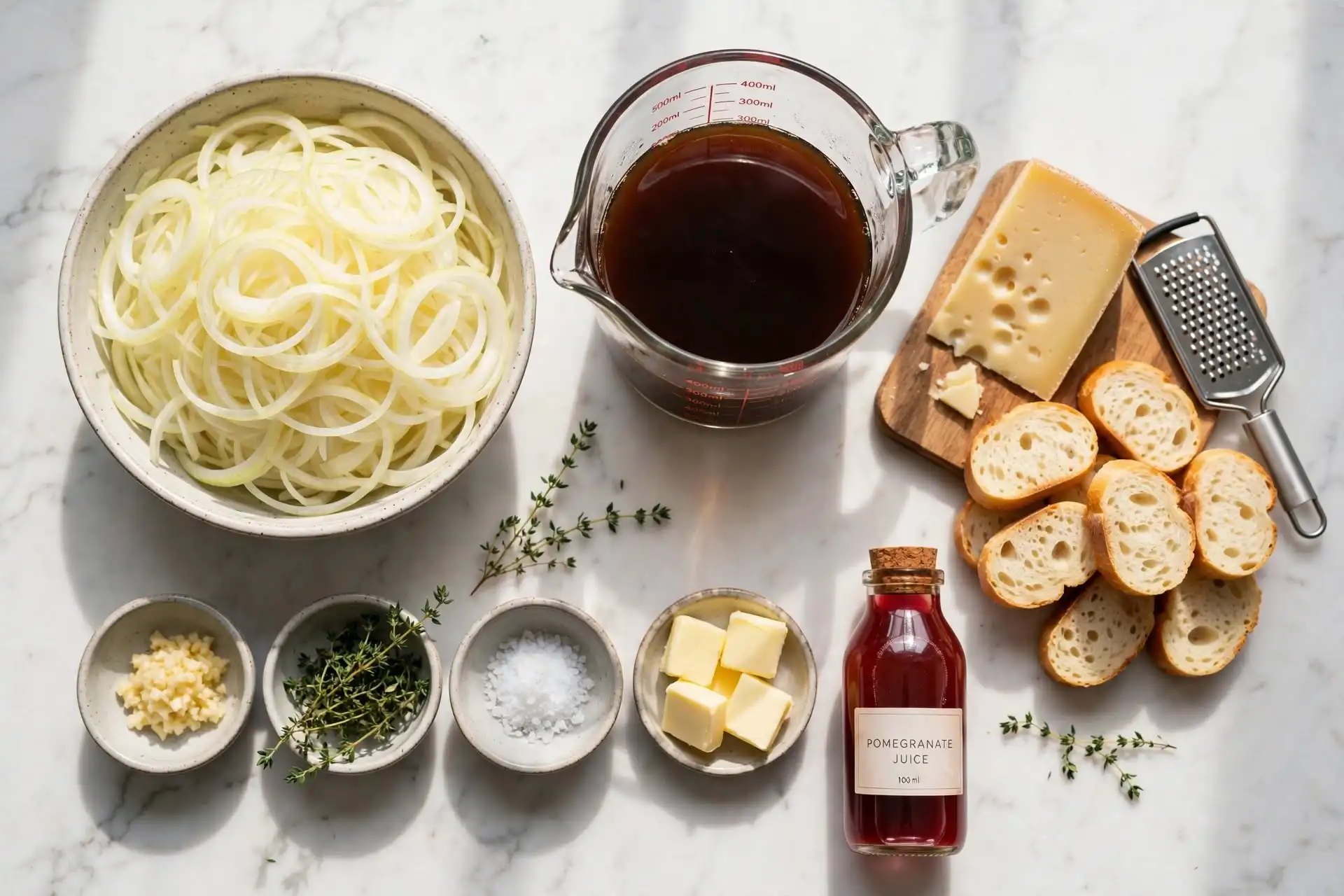 All ingredients for French onion soup laid out flat on white marble, including sliced yellow onions, Gruyère cheese, and beef stock — french onion soup recipe ingredients