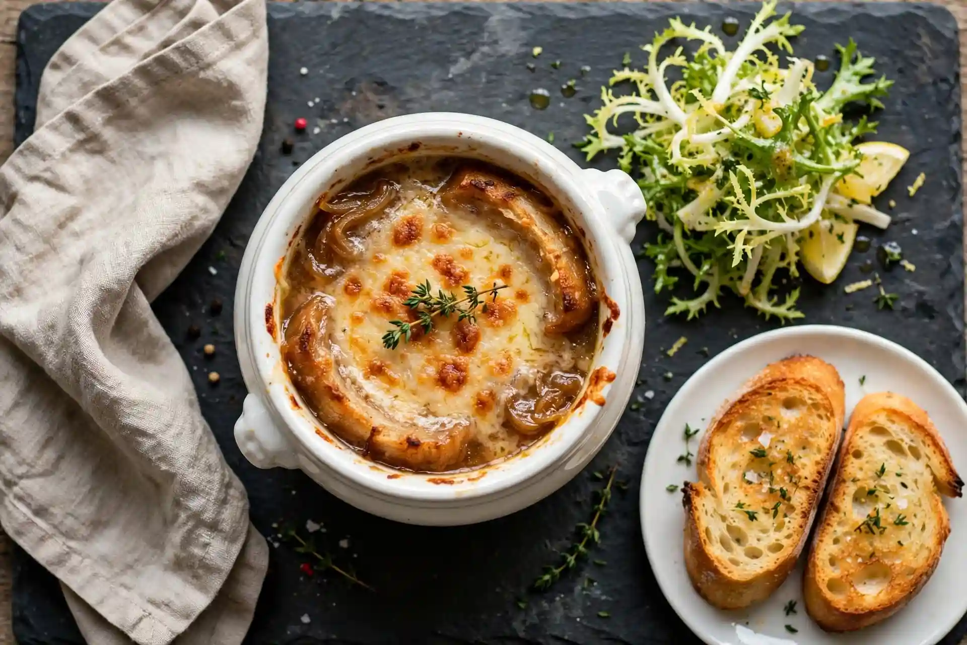 French onion soup served with green salad and toasted baguette on a slate surface, ready to serve — french onion soup recipe