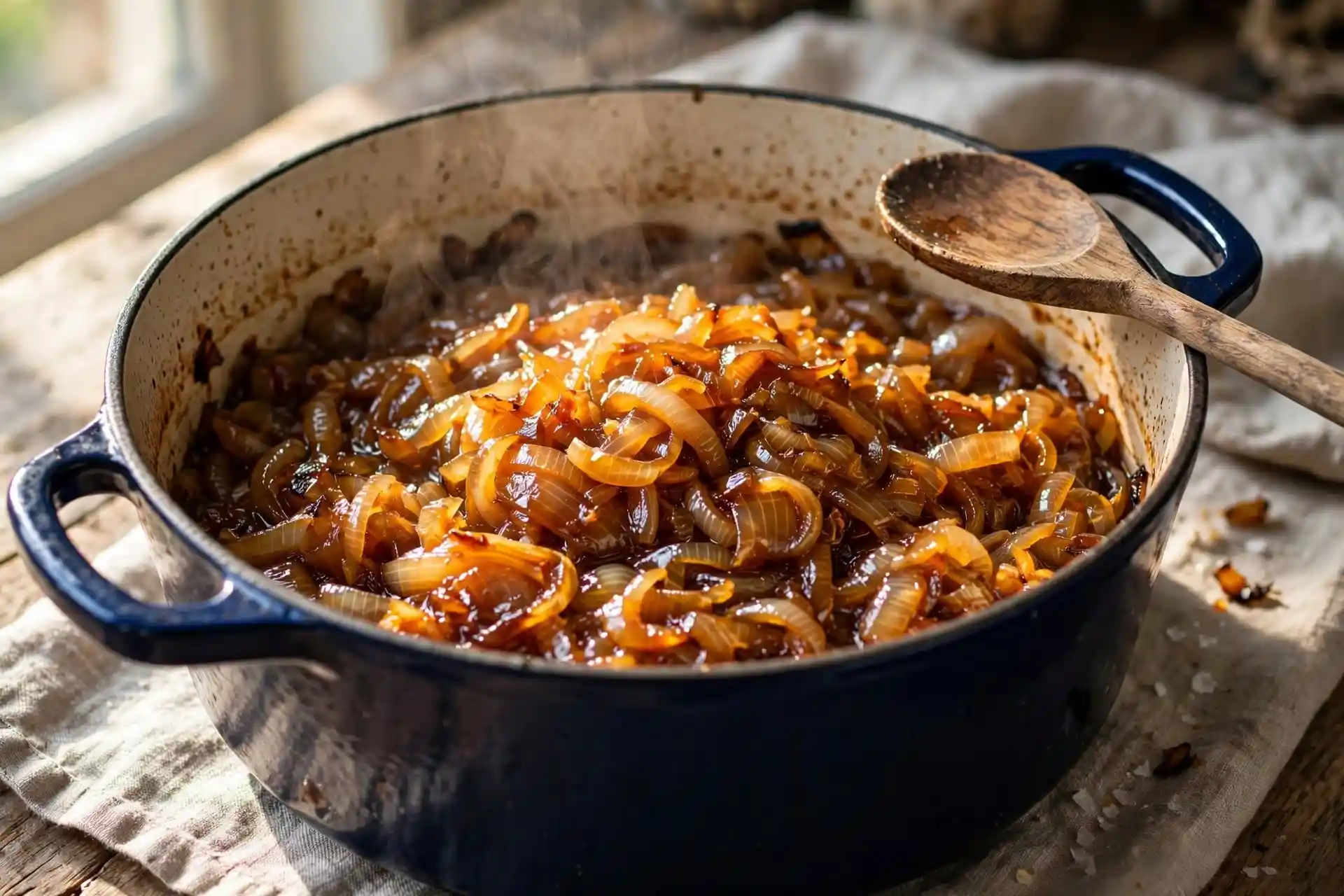 Onions caramelized to deep amber in a Dutch oven, glossy and reduced — step in making french onion soup recipe
