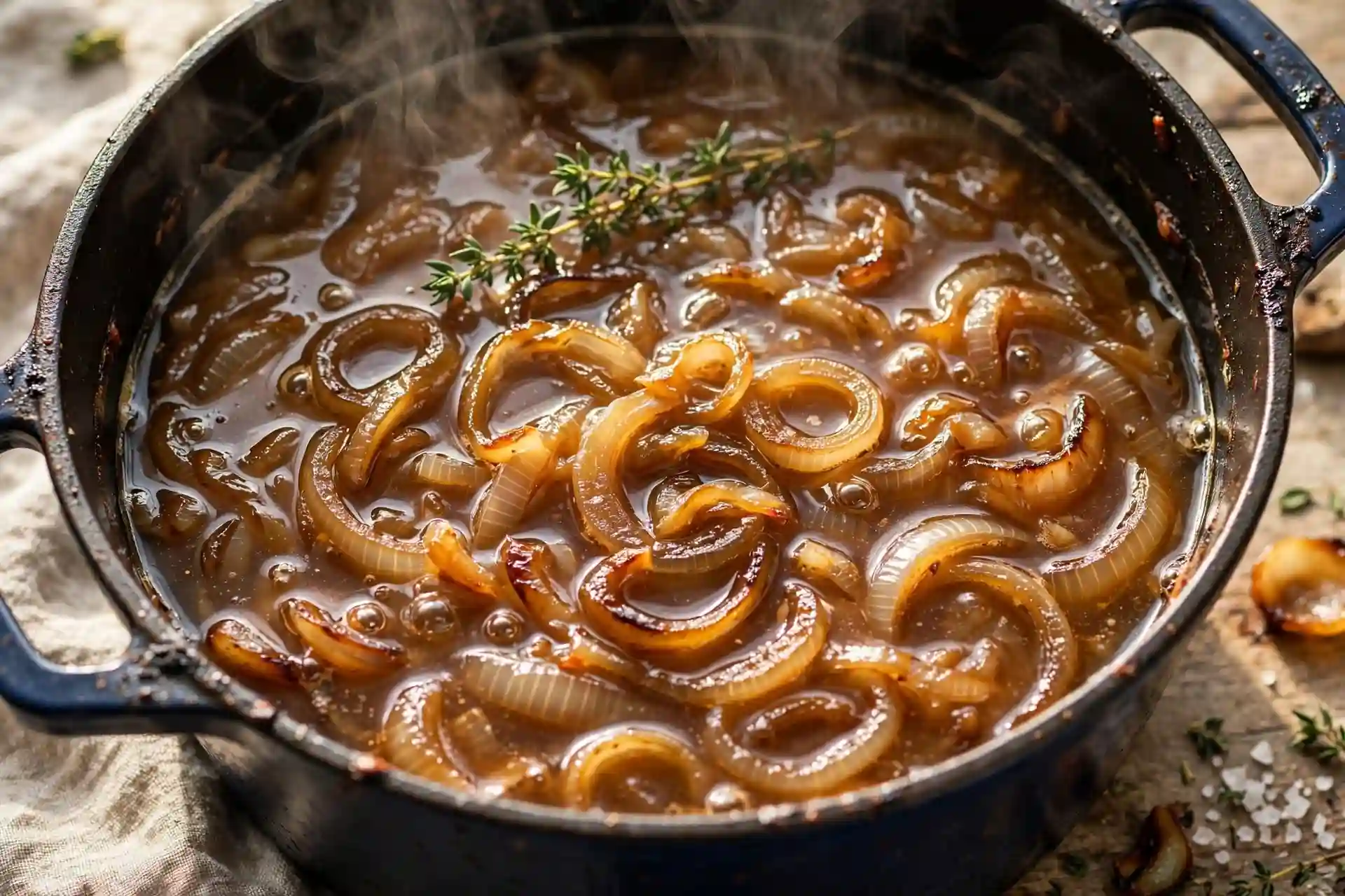 French onion soup simmering in a Dutch oven with caramelized onions and beef broth — midpoint step in french onion soup recipe