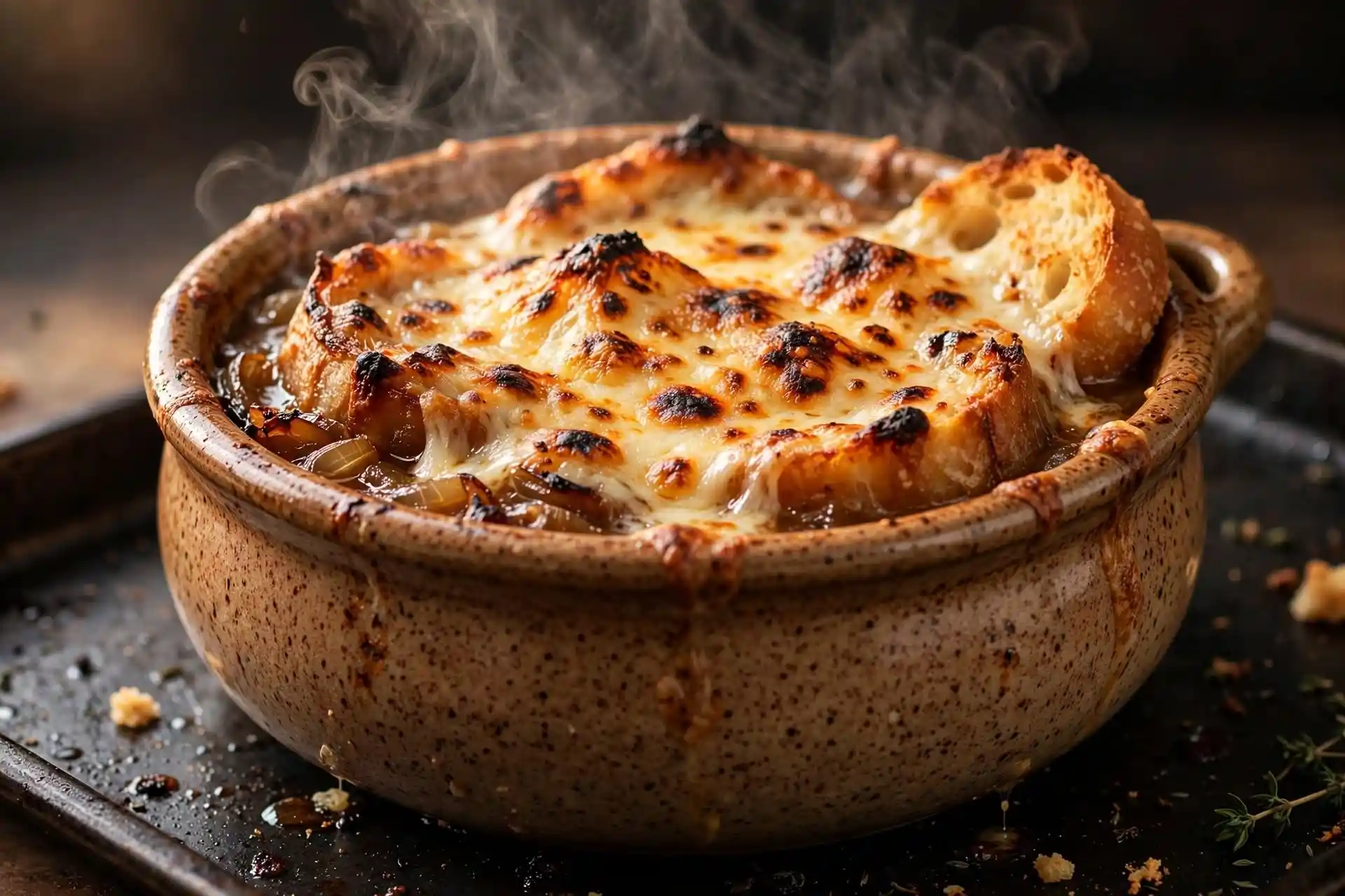 French onion soup crock with freshly broiled Gruyère cheese crust, golden and lightly charred — final step in french onion soup recipe