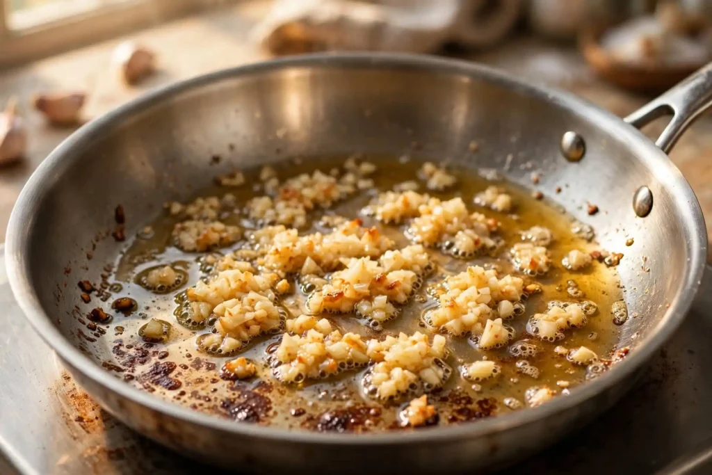 Minced garlic cooking in rendered chicken fat in a pan — midpoint step in making honey garlic chicken