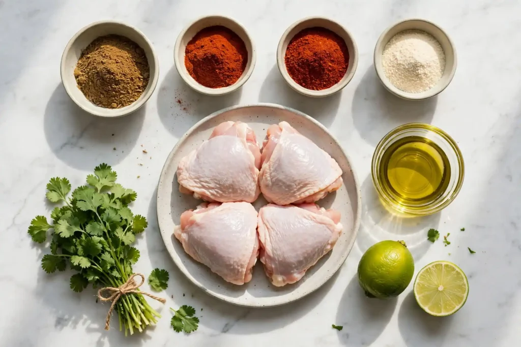 All ingredients for chicken tacos laid out flat on white marble surface — chicken tacos ingredients