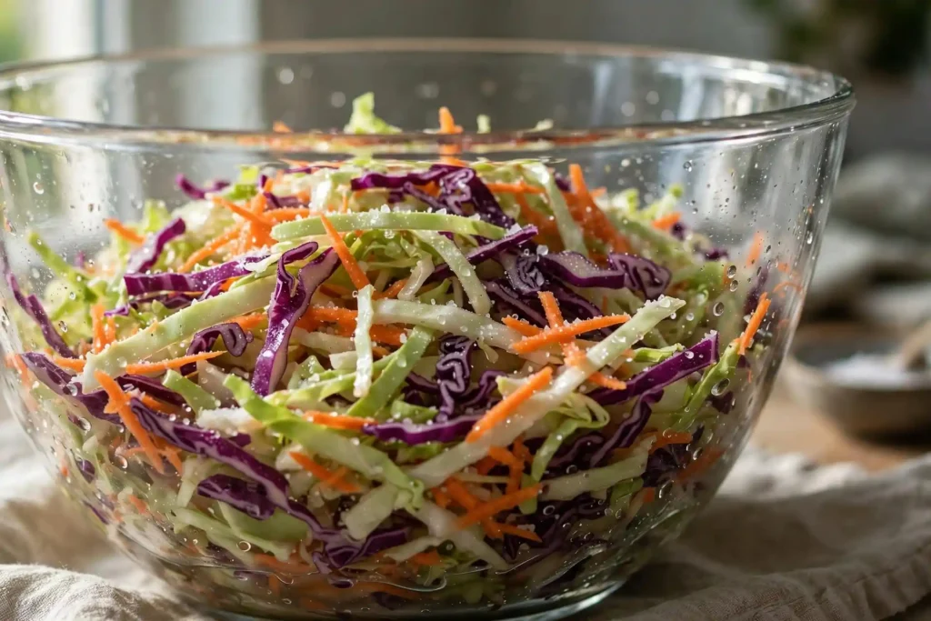 Shredded cabbage and carrots salted in a glass bowl releasing moisture — step in making coleslaw recipe