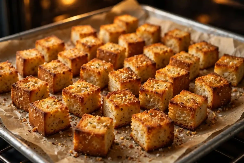 Golden homemade croutons on a baking sheet, evenly browned and crispy — step in making caesar salad