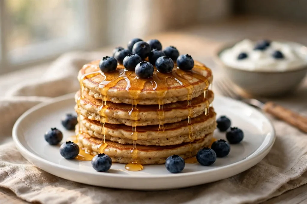Stack of fluffy protein pancakes topped with honey and blueberries on a white ceramic plate, natural light — protein pancakes recipe