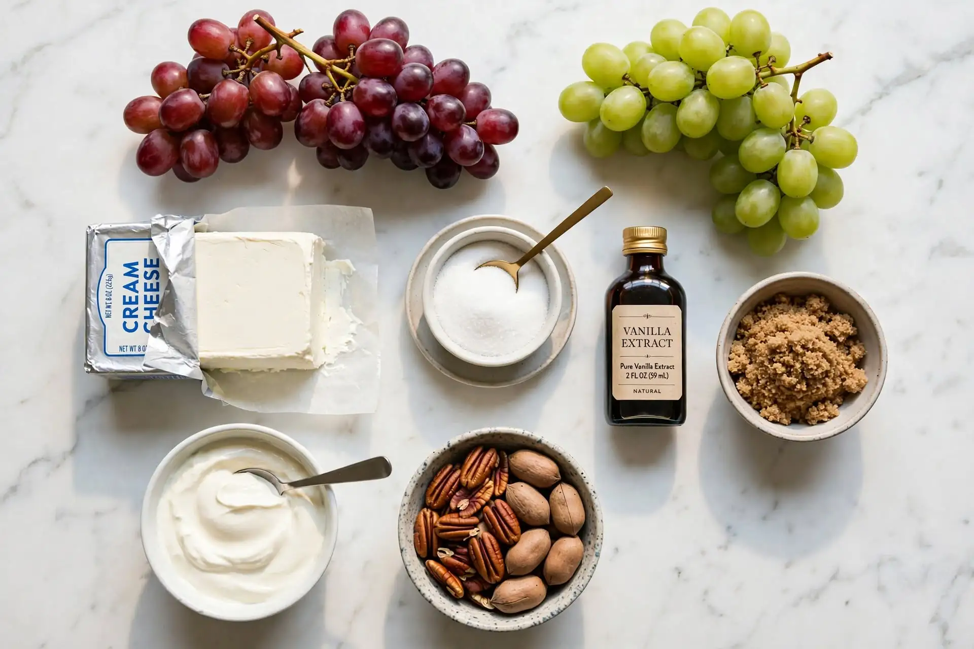 All ingredients for grape salad laid out flat on white marble, including red grapes, green grapes, cream cheese, sour cream, brown sugar, and pecans — grape salad ingredients