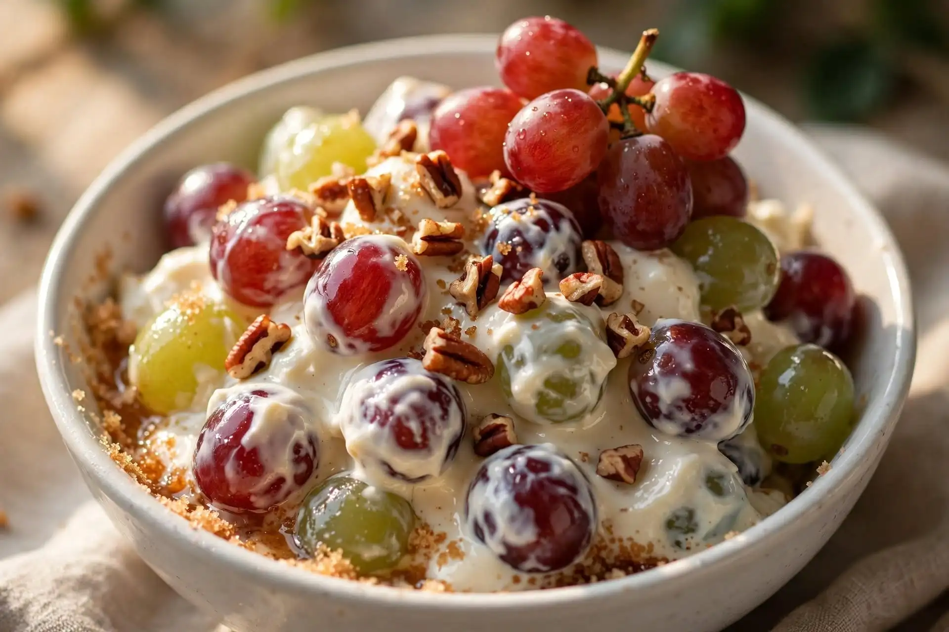 Close-up of grape salad showing creamy dressing and brown sugar pecan topping over red and green grapes — grape salad