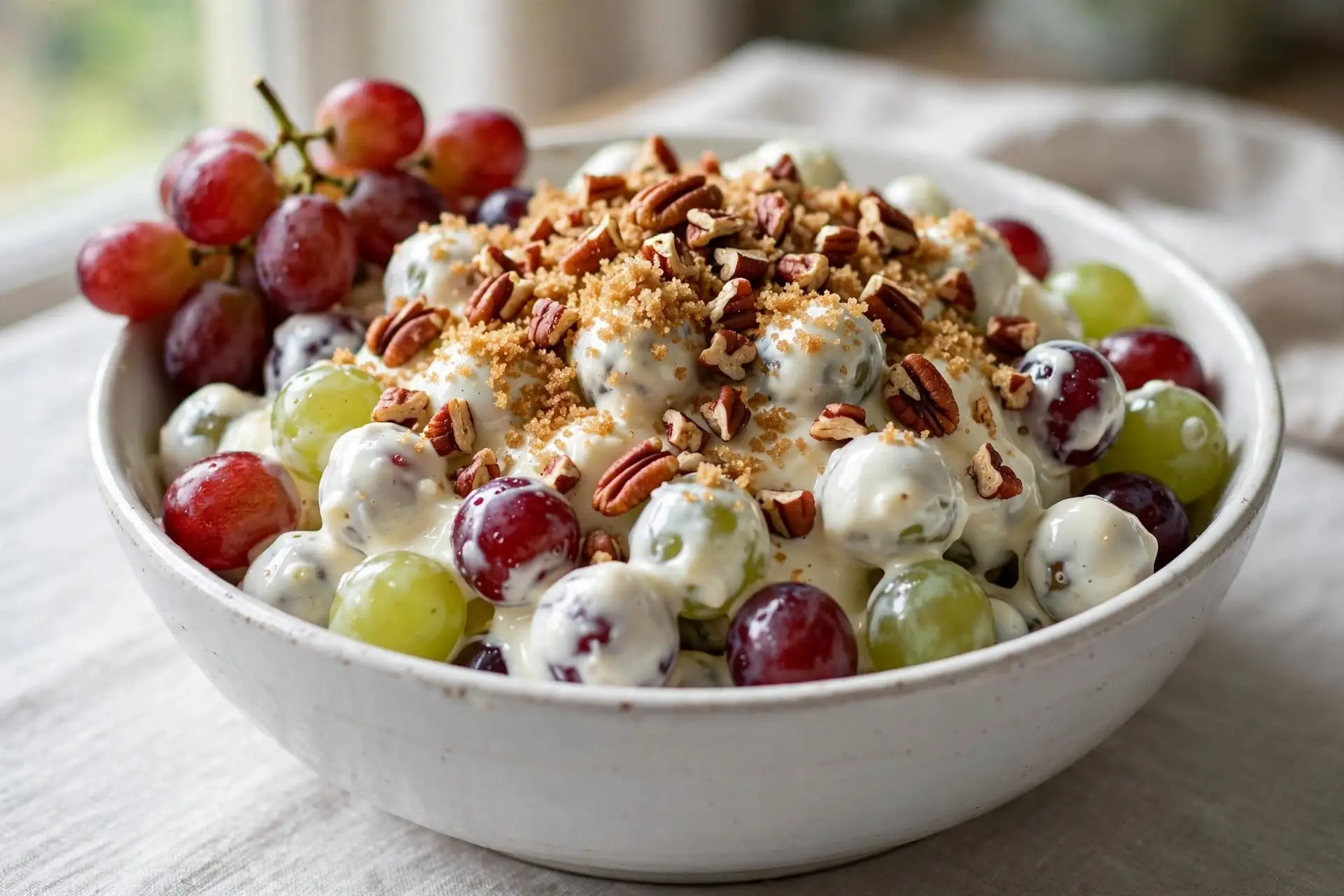 Grape salad served in a white ceramic bowl on a linen surface, topped with brown sugar and pecans, natural window light — grape salad