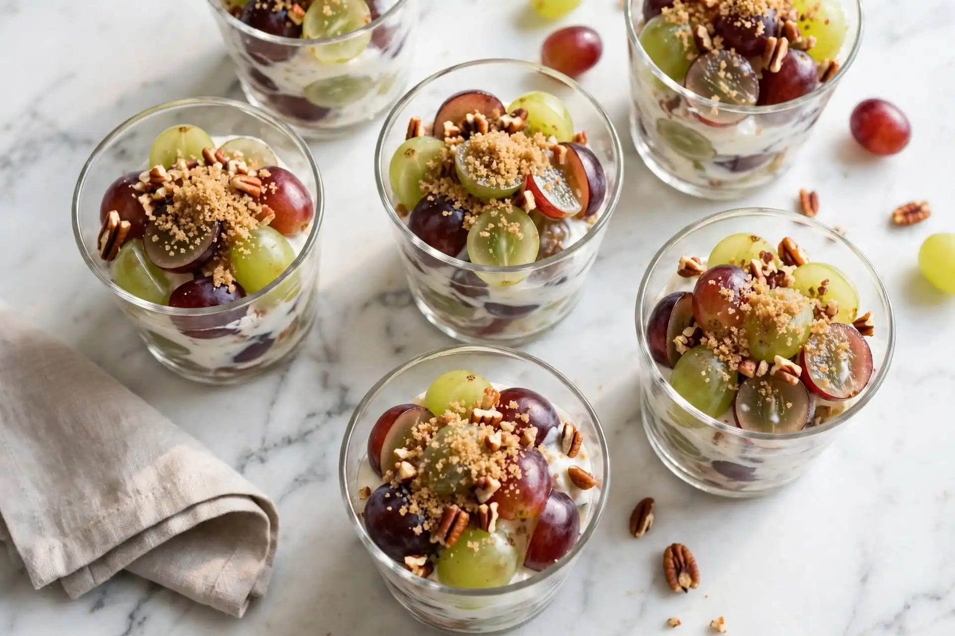 Grape salad served in individual glass cups on white marble, topped with brown sugar and pecans, ready to serve — grape salad