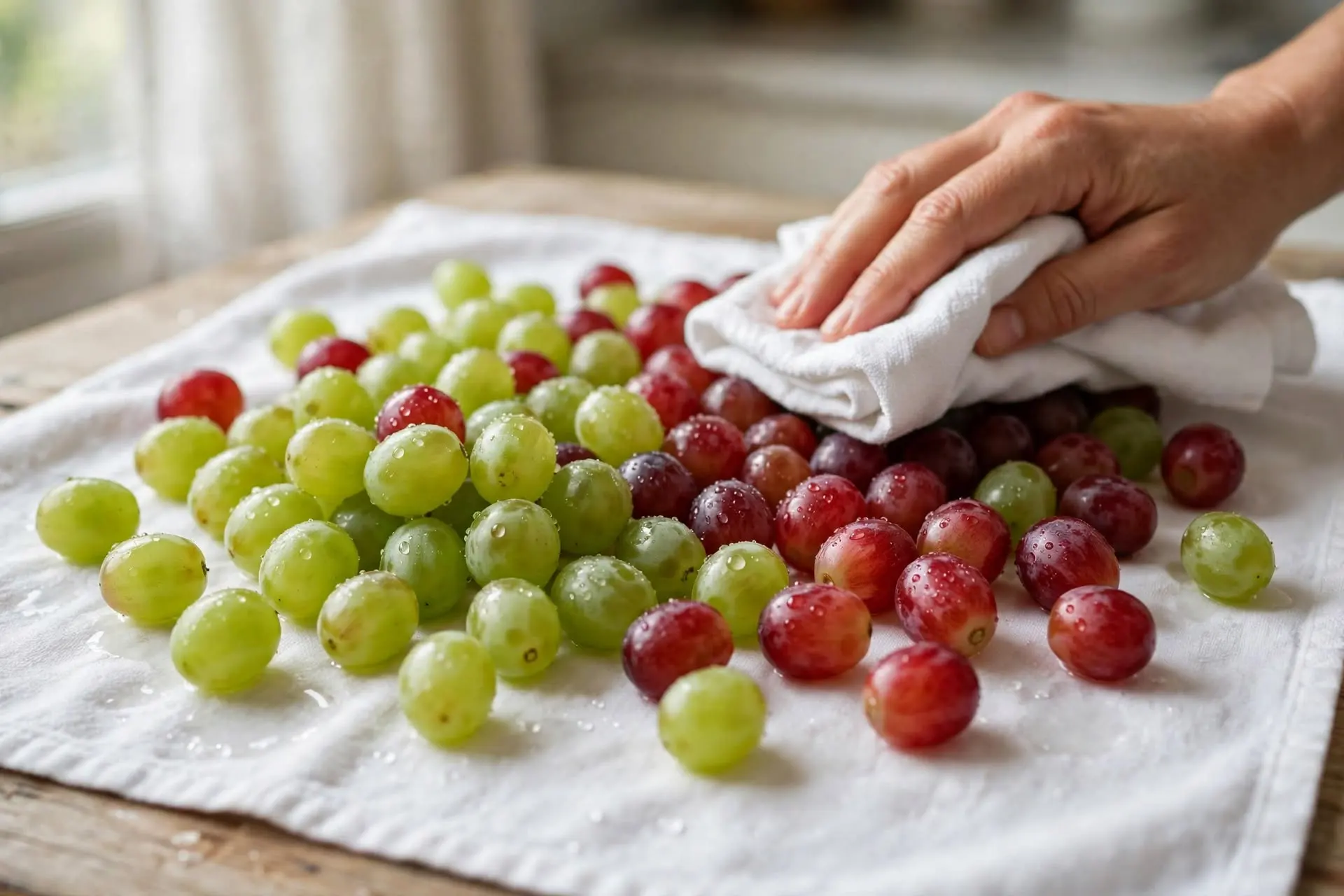 Red and green grapes being patted dry on a white kitchen towel, first prep step in making grape salad
