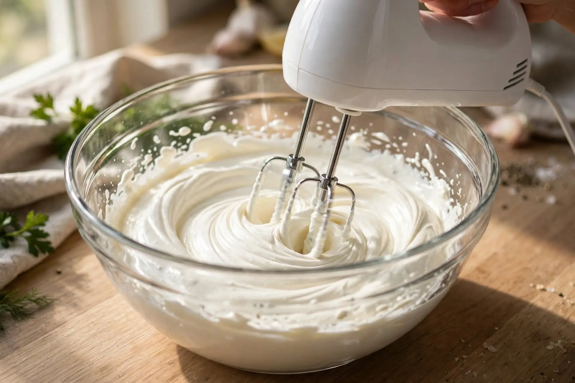 Cream cheese and sour cream dressing being beaten smooth in a mixing bowl, step in making grape salad